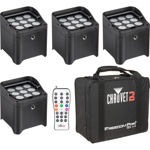 Chauvet Freedom Par Q9 X4 True Wireless RGBA LED PAR Kit with Carrying Bag, Remote, and Multi-Charger (4-Pack)