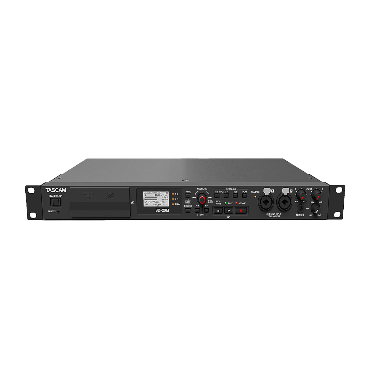 Tascam SD-20M, SOLID STATE RECORDER WITH MIC INPUTS, Easy-to-use,  single-rackspace SD card recorder with XLR mic inputs