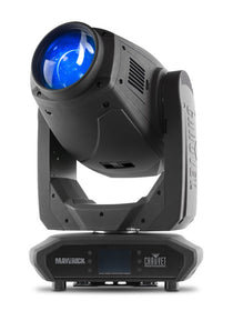 Chauvet Maverick MK1 Spot, 350W LED yoke spot fixture including CMY color mixing, a color wheel, zoom optics, and two gobo wheels, one rotating, and one static